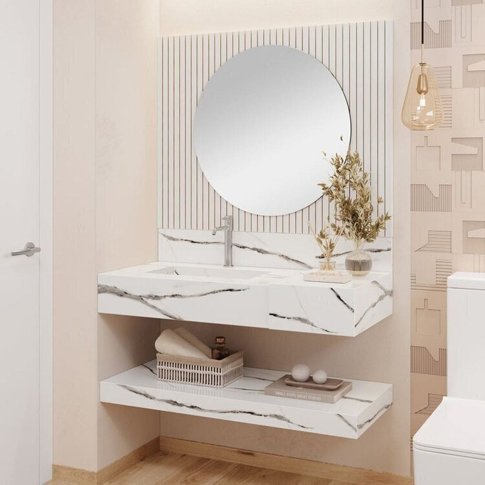 Conjunto Para Banheiro Bancada Em Porcelanato Com Cuba Esculpida, Prateleira e Espelho Ripy 100cm Branco