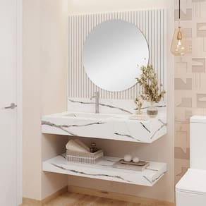 Conjunto Para Banheiro Bancada Em Porcelanato Com Cuba Esculpida, Prateleira e Espelho Ripy 100cm Branco