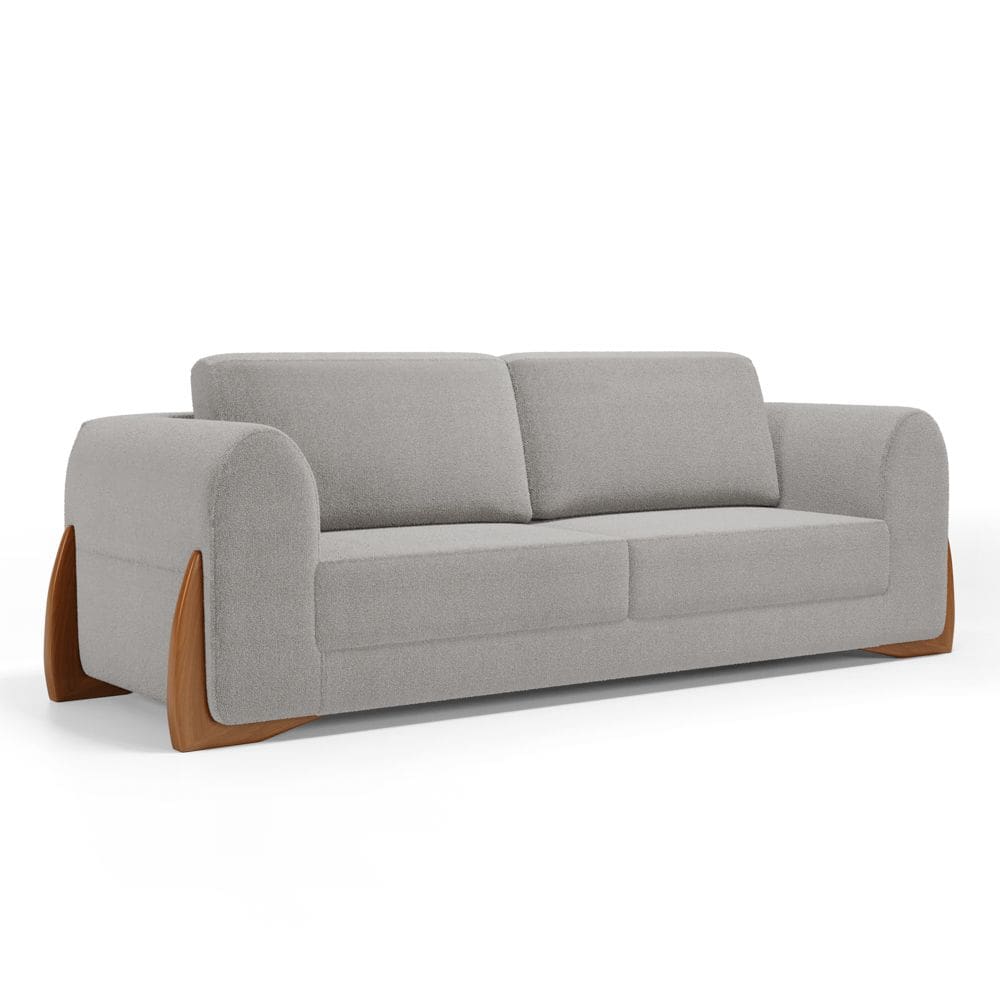Sofá Living Bloom 200cm 03 Lugares com Pés de Madeira Bouclê Cinza - Desk Design