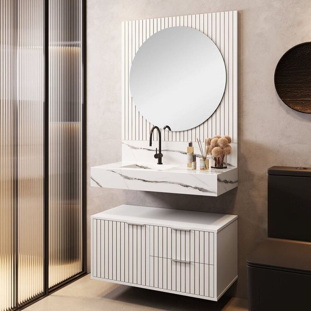 Conjunto Para Banheiro Bancada Em Porcelanato Com Cuba Esculpida, Armário e Espelho Ripy 80cm Branco