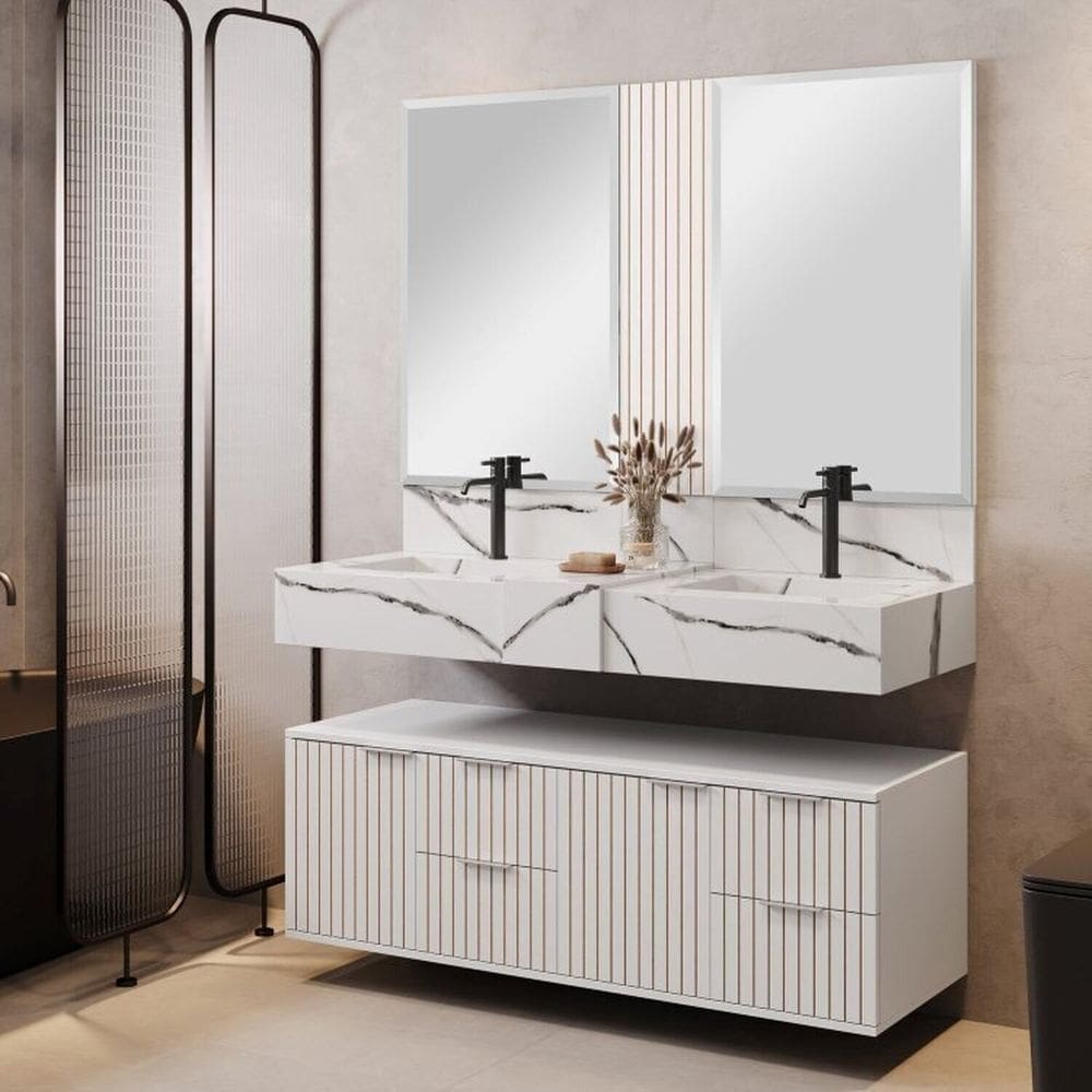 Conjunto Para Banheiro Bancada Em Porcelanato Com Cuba Esculpida, Armário e Espelho Ripy 120cm Branco