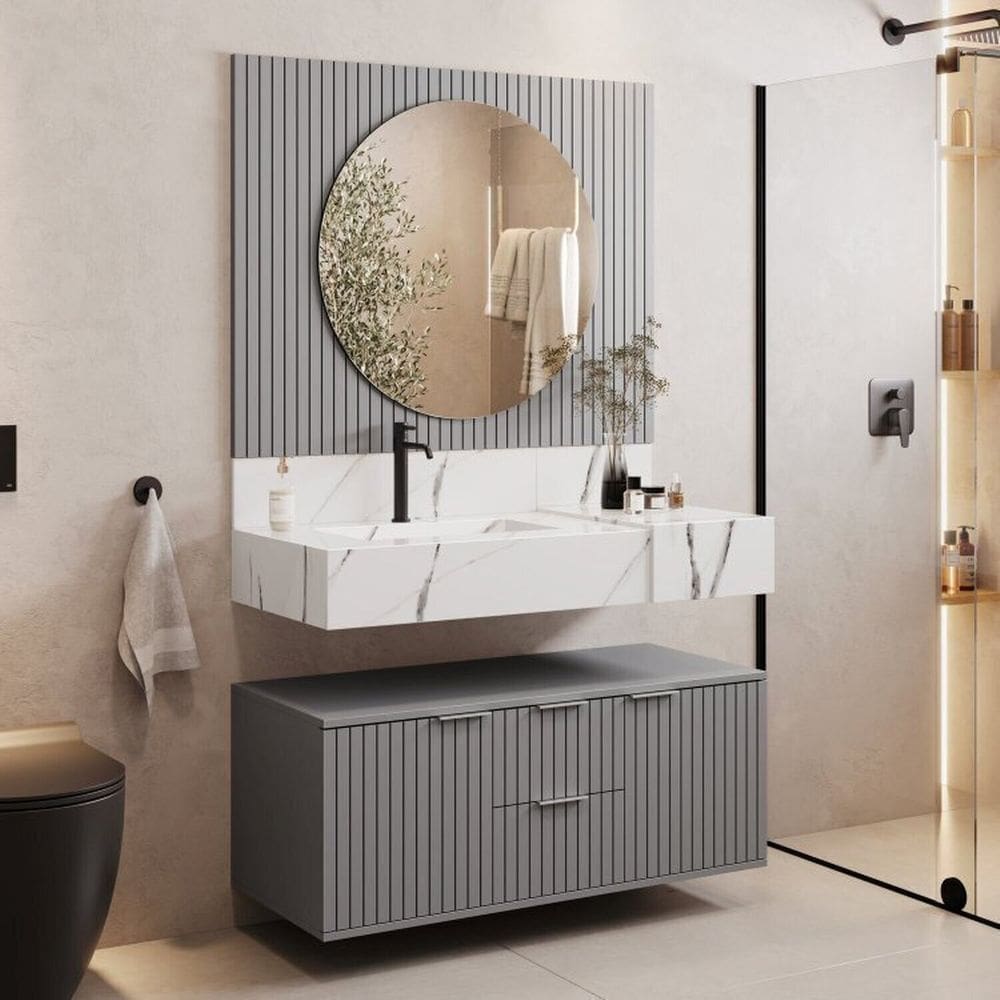 Conjunto Para Banheiro Bancada Em Porcelanato Com Cuba Esculpida, Armário e Espelho Ripy 100cm Cinza
