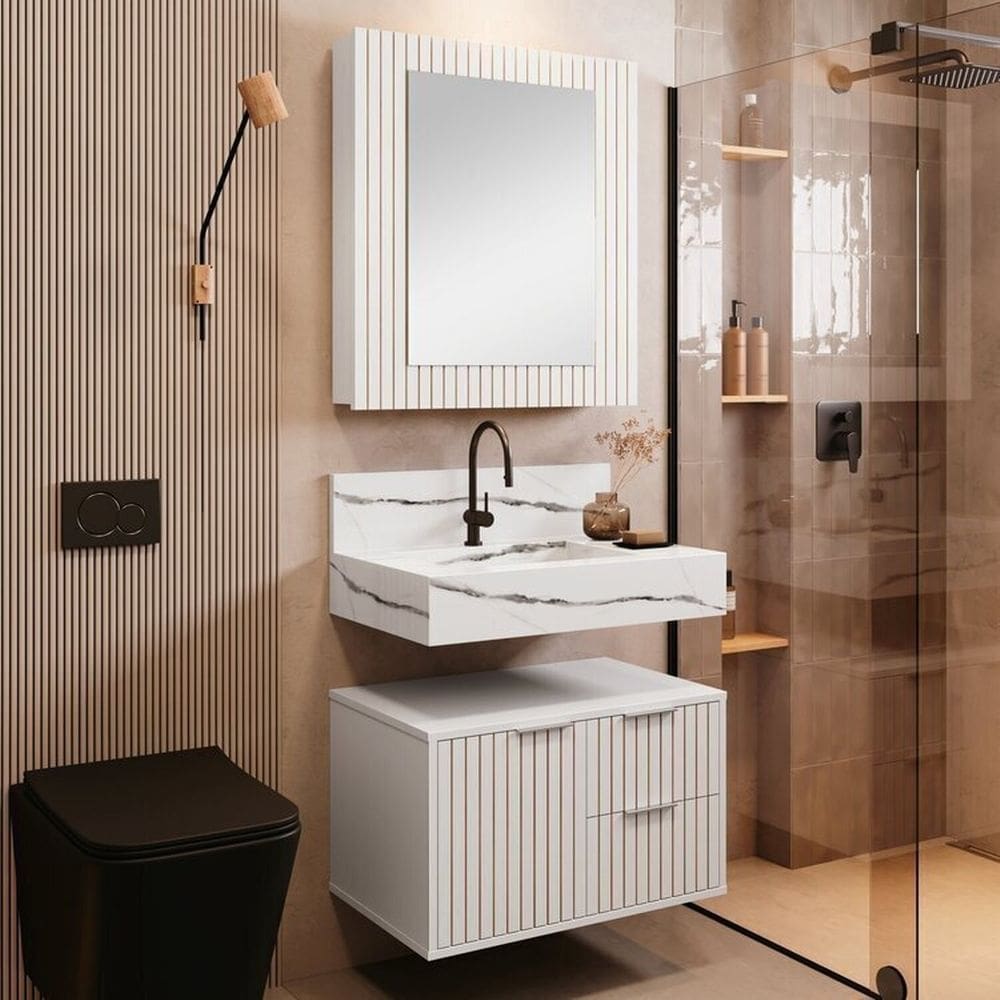 Conjunto Para Banheiro Bancada Em Porcelanato Com Cuba Esculpida, Armário e Espelheira Ripy 60cm Branco