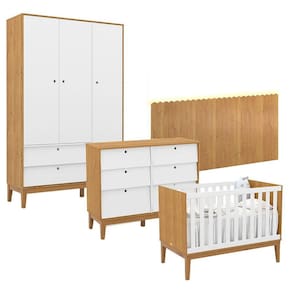 Quarto de Bebê Unique 3 Portas com Cômoda 6 Gavetas e Painel Farm com Led Freijó Branco Soft Eco Wood - Matic