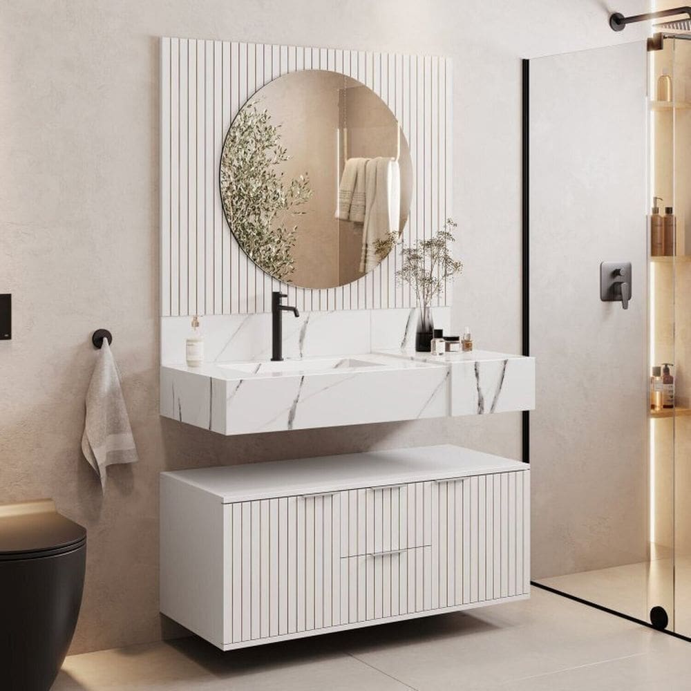 Conjunto Para Banheiro Bancada Em Porcelanato Com Cuba Esculpida, Armário e Espelho Ripy 100cm Branco