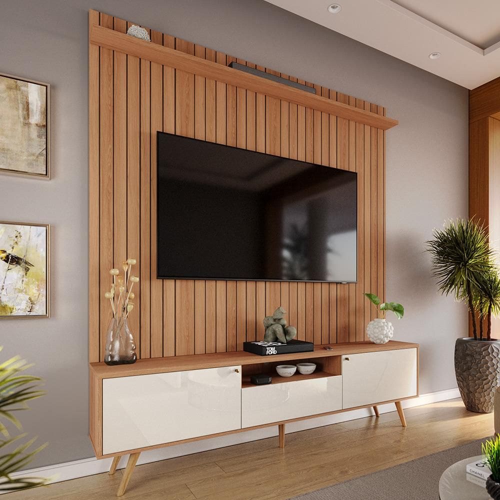 Rack Com Painel Sevilla Efeito Ripado 3d Para Tv Até 70 Polegadas 183cm Jequitibá/Off White Perolizado