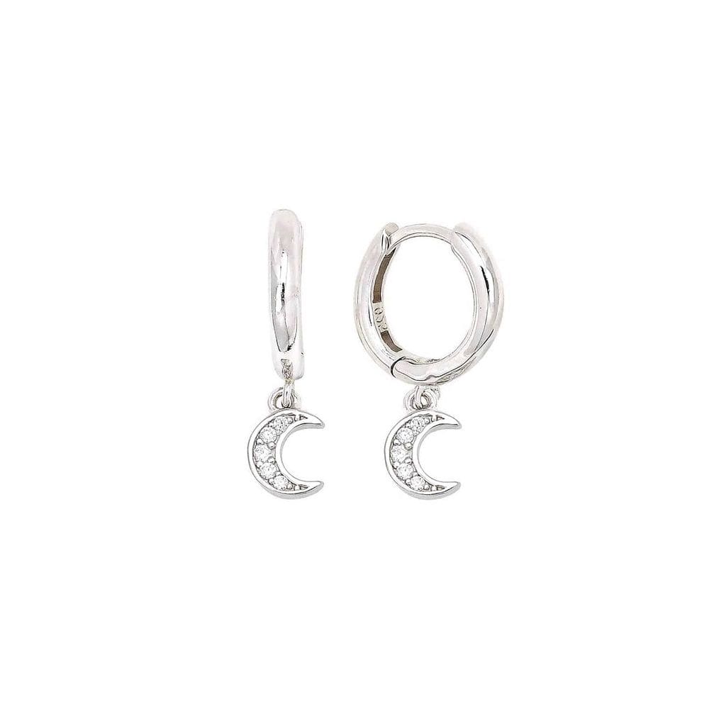 Argola Lua Pendurada Em Prata Com Zircônia E Ródio Branco