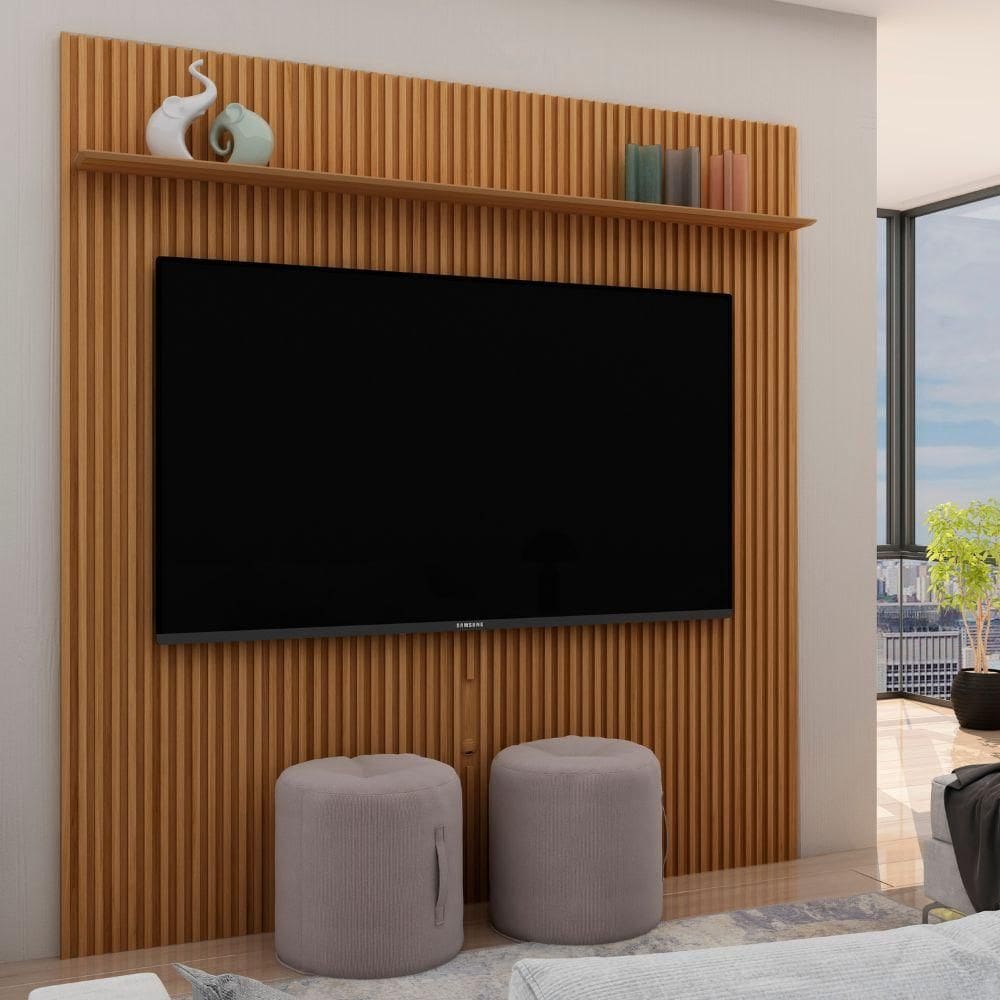 Painel Ripado MDF Para TV de Até 75 Polegadas com Prateleira Camaru - Marrom