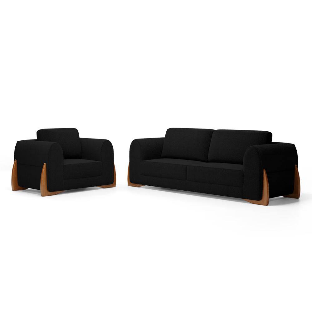 Kit Poltrona e Sofá Bloom 220cm 03 Lugares com Pés de Madeira Bouclê Preto - Desk Design
