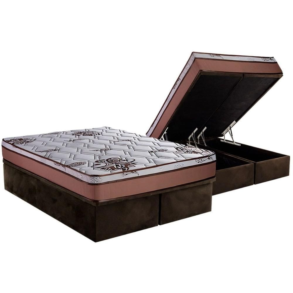 Cama Box Baú Queen: Colchão Molas Ensacadas Luckspuma MasterPocket Caribe + Base CRC Suede Brown(158x198)