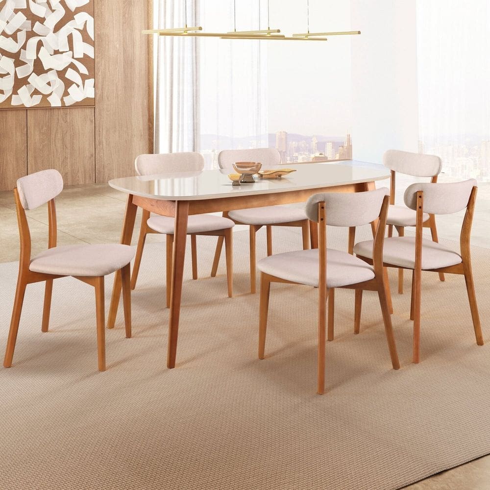 Conjunto Sala de Jantar Mesa 160x80cm Tampo MDF Laqueado com Vidro Laqueado 6 Cadeiras Ceci Yescasa Naturalissimo/Laca Off White/Vd Off White