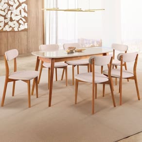 Conjunto Sala de Jantar Mesa 160x80cm Tampo MDF Laqueado com Vidro Laqueado 6 Cadeiras Ceci Yescasa Naturalissimo/Laca Off White/Vd Off White