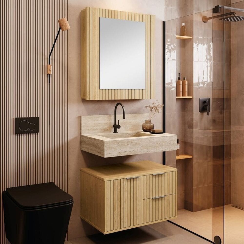 Conjunto Para Banheiro Bancada Em Porcelanato Com Cuba Esculpida, Armário e Espelheira Ripy 60cm Wood