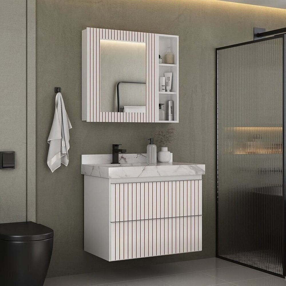 Conjunto Para Banheiro Lavatório Em Porcelanato Com Cuba Esculpida, Gabinete e Espelheira Ripy 80cm Branco