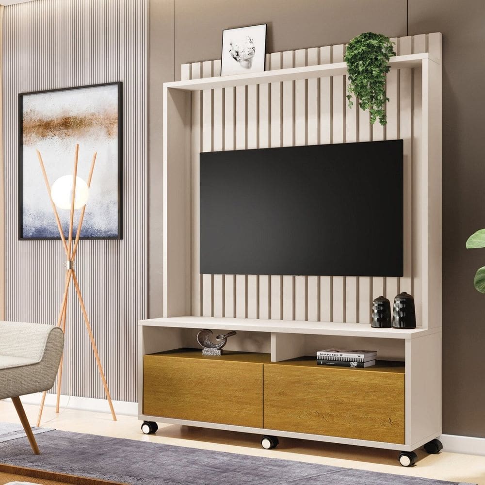 Estante para TV e Home Ripado Estilos Off White/Naturale