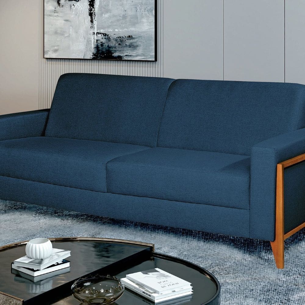 Sofá Living 216cm Veludo com Molas e Pés em Madeira Tokio Azul Marinho