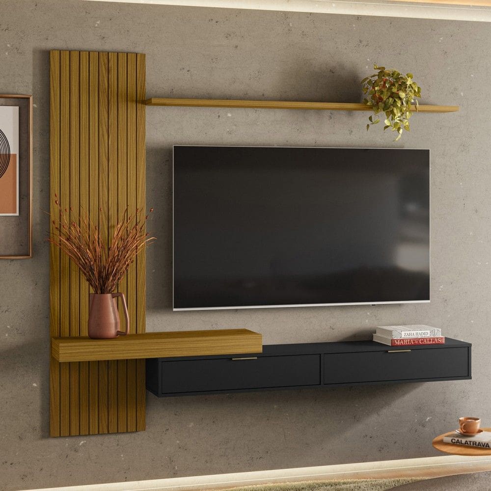 Painel Italy Ripado P/Tvs até 65 Polegadas 180cm Tv na Parede Nicho C/Portas Basculante Cedro/Preto - Olivar Móveis