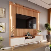 Rack Com Painel Sevilla Led Efeito Ripado 3d Para Tv Até 70 Polegadas 183cm Jequitibá/Off White Perolizado