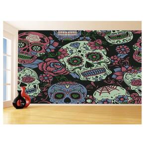 Papel De Parede 3D Arte Caveiras Mexicanas Flor 3,5M Tra73