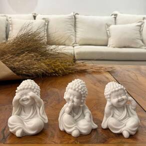 Trio De Esculturas Baby Monges Sábios De Pó De Mármore