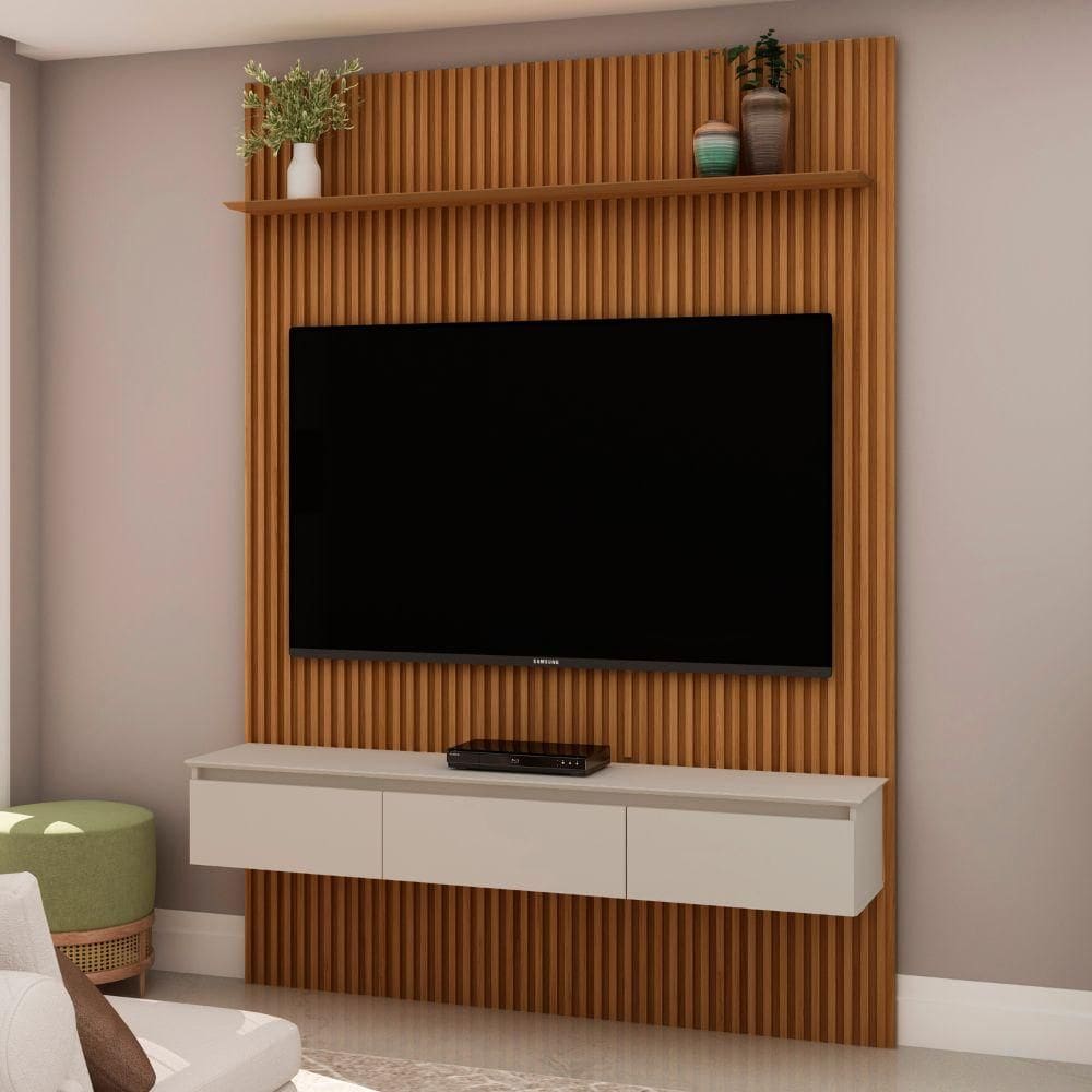 Painel Ripado 100% MDF Para TV de Até 55 Polegadas com 1,80 cm Cumaru Perola Paris Shop JM - Marrom