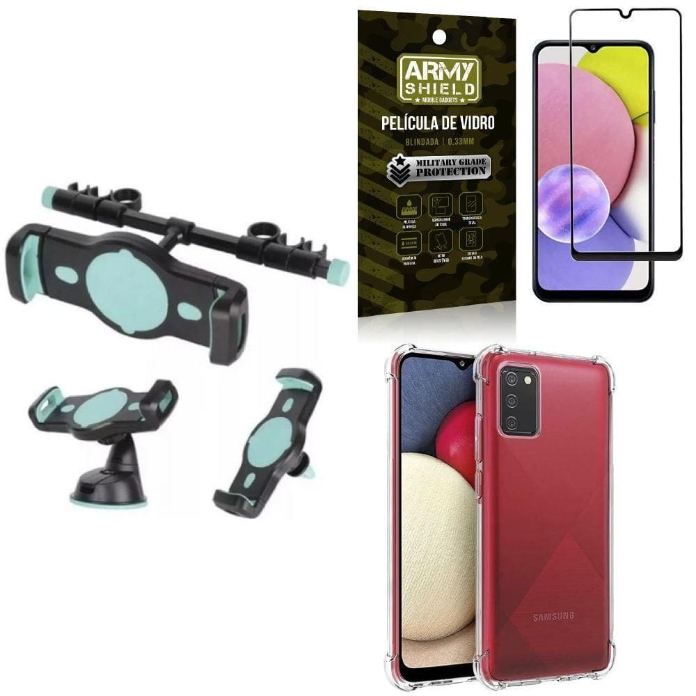 Capinha samsung a03s + suporte veicular 3 em 1 + película 3d