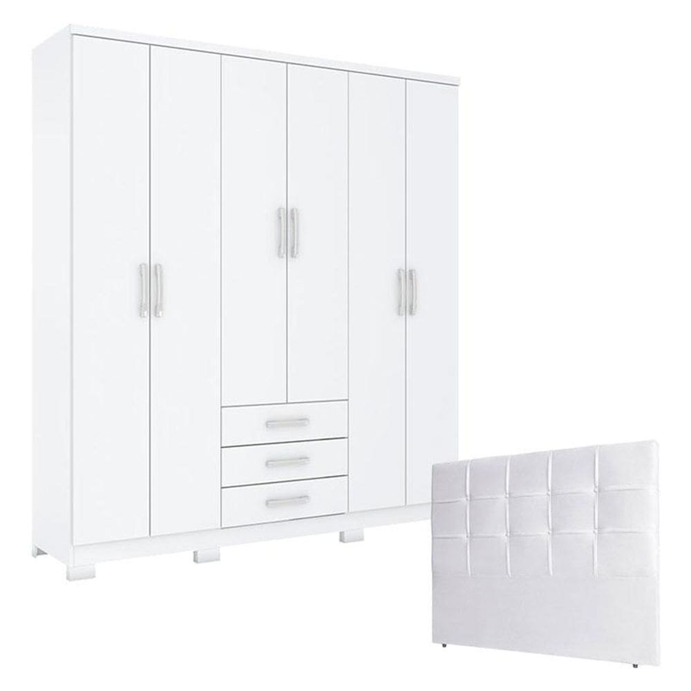 Guarda Roupa Casal Caju 6 Portas com Cabeceira Luiza 140 cm Branco – Henn