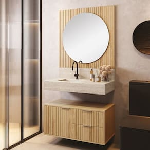 Conjunto Para Banheiro Bancada Em Porcelanato Com Cuba Esculpida, Armário e Espelheira Ripy 80cm Wood