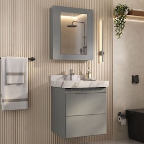 Conjunto Para Banheiro Lavatório Em Porcelanato Com Cuba Esculpida, Gabinete Liso e Espelheira 60cm Cinza