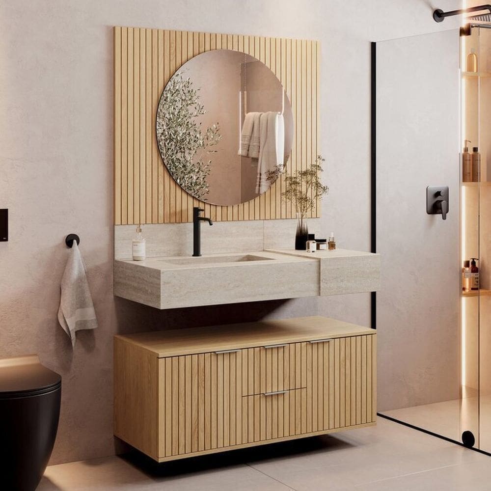 Conjunto Para Banheiro Bancada Em Porcelanato Com Cuba Esculpida, Armário e Espelho Ripy 100cm Wood