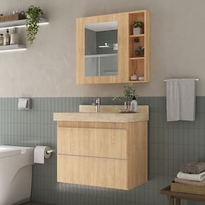 Conjunto Para Banheiro Lavatório Em Porcelanato Com Cuba Esculpida, Gabinete e Espelheira Lisa 80cm Wood/Travertino
