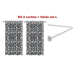 Kit Varao em L Suporte haste Banheiro Box BRANCO 100X100cm + 2 Cortina Pastilha Preta
