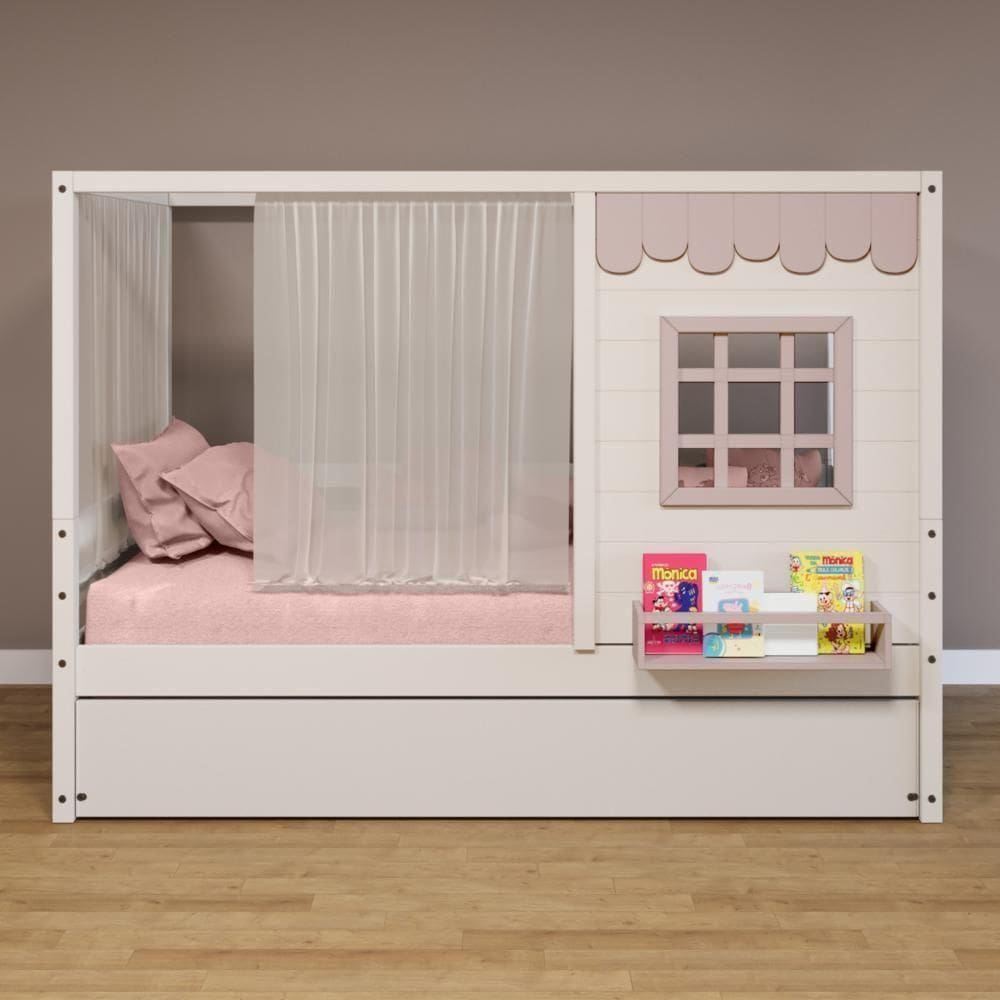 Bicama Casinha Reta Com Cortina Madeira Maciça Branco- Rosa Housin