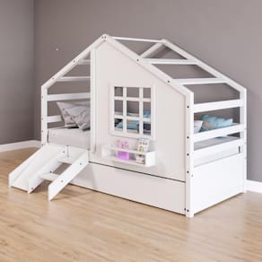 Bicama Casinha Com Janela Com Escada/escorregador Madeira Maciça Branco Housin