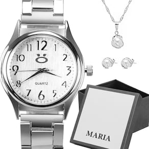 Relogio Feminino Prata Aço Inox + Colar Brincos + Caixa