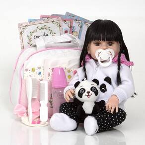 Boneca reborn realista pandinha morena 30 frases bolsa itens