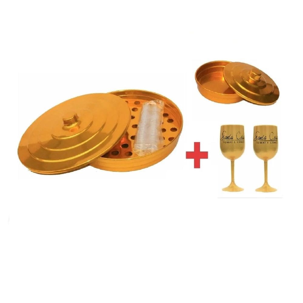 Kit Para Santa Ceia Com Duas Bandejas E Taças Douradas