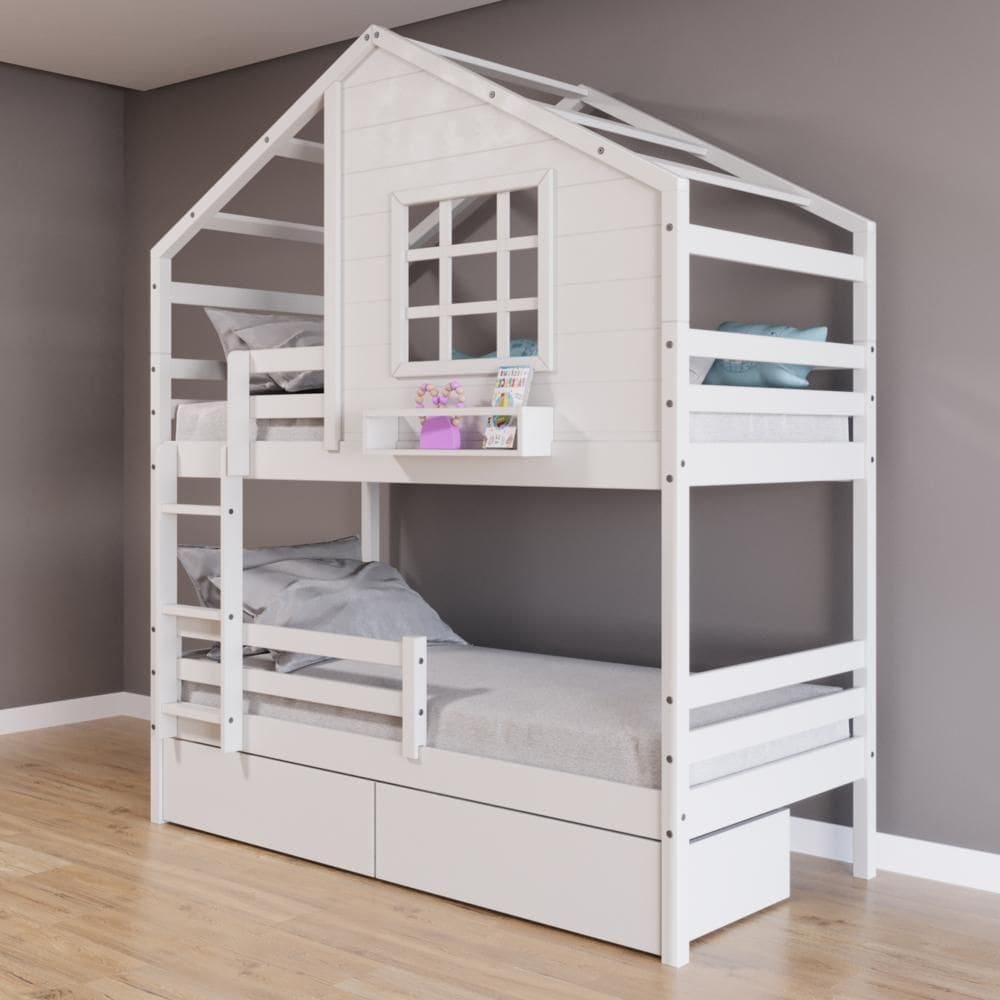 Beliche Casinha Com Janela Com 02 Gavetas E Grade De Proteção Madeira Maciça Branco Housin