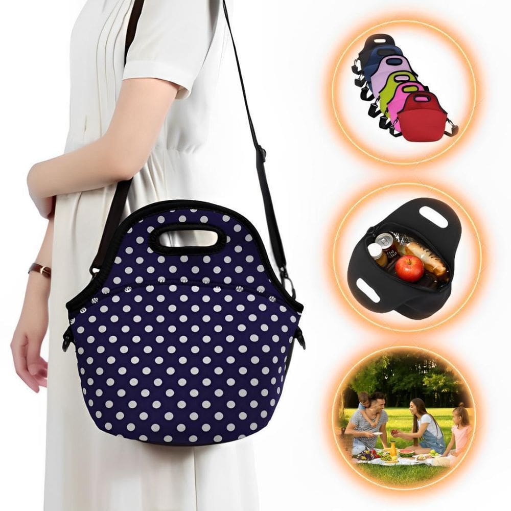 Bolsa Lancheira Térmica Neoprene Adulto Infanti Bolinha Azul