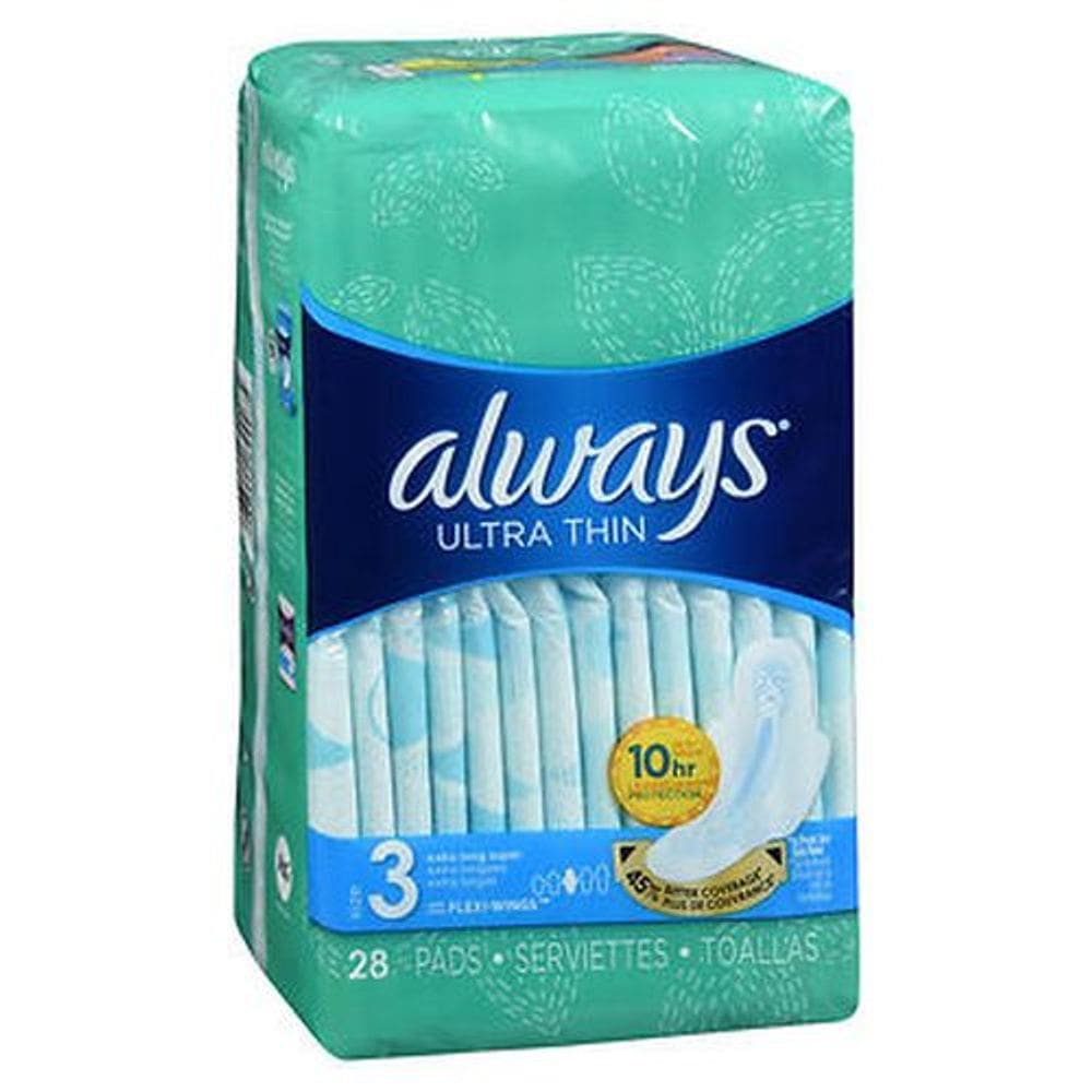 Almofadas sempre ultrafinas com superabsorção extra longa Flexi-Wings tamanho 3 28 cada por Always Discreet (pacote com 4)