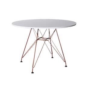 Mesa Eiffel Redonda 110cm Tampo de Madeira Branco com Base de Ferro Cobre