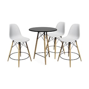 Conjunto Mesa Bistrô Eames Eiffel Preta com 3 Banquetas Brancas de Madeira