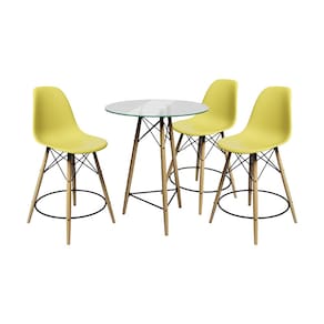 Conjunto Mesa Bistrô Eames Eiffel Vidro com 3 Banquetas Amarelas de Madeira