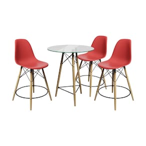 Conjunto Mesa Bistrô Eames Eiffel Vidro com 3 Banquetas Vermelhas de Madeira