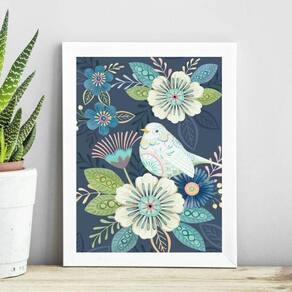 Quadro Floral Azul Com Passarinho 45X34Cm - Com Vidro