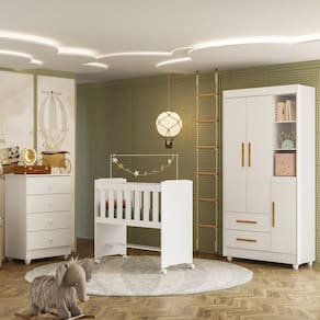 Quarto de Bebê Completo com Cômoda, Mini Berço e Guarda Roupas Lila Branco