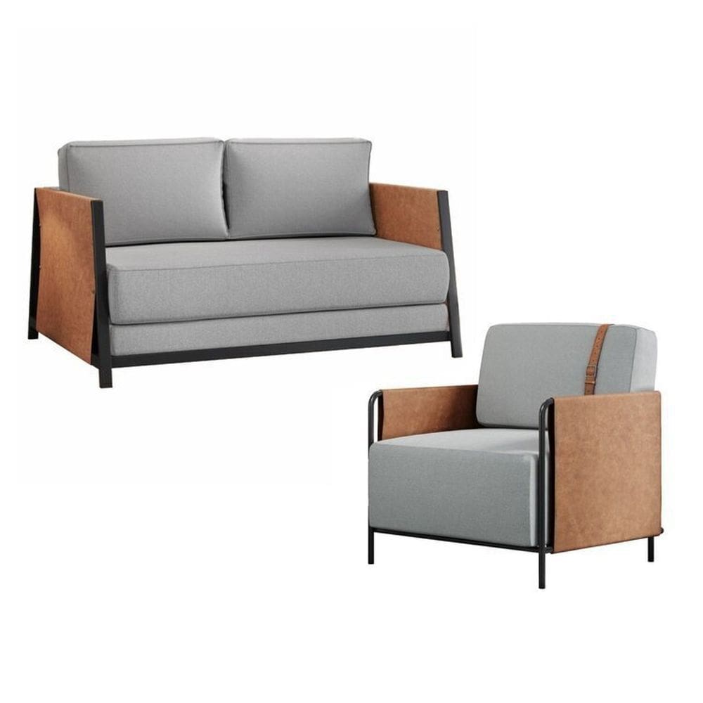 Conjunto de Sofá Cama com Poltrona em Linho Preto/Cinza