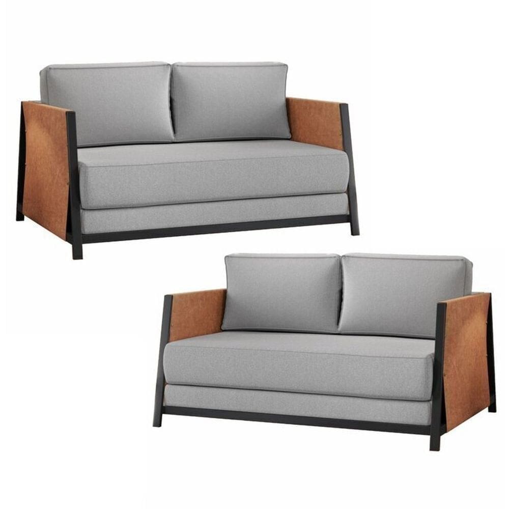 Conjunto de Sofá Cama 2 Lugares em Linho M-08 Preto/Cinza
