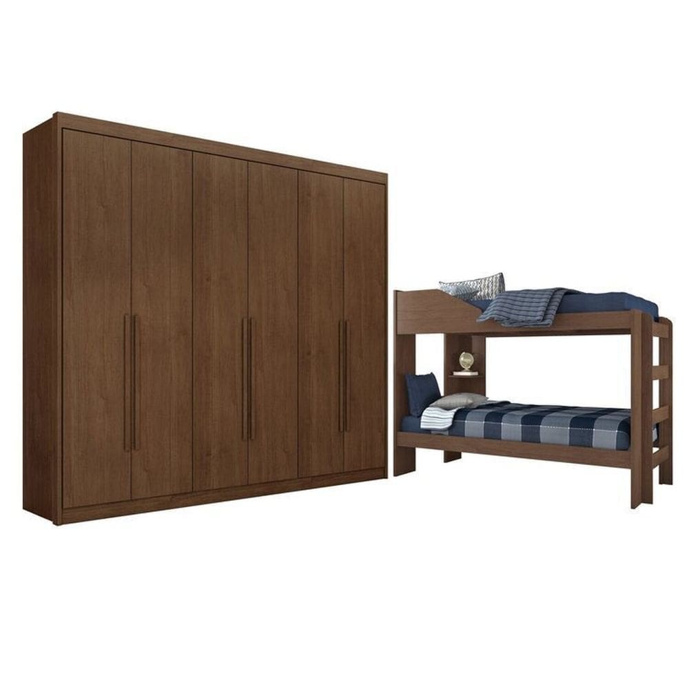 Conjunto Beliche para Quarto de Solteiro Indy e Guarda-Roupa Casal 4 Portas 4 Gavetas Bergame Cacau