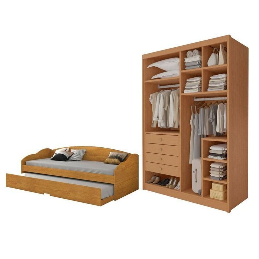 Conjunto Bicama Solteiro em MDF/MDP Funny III e Closet Casal sem Portas 4 Gavetas Bergame Cinamomo